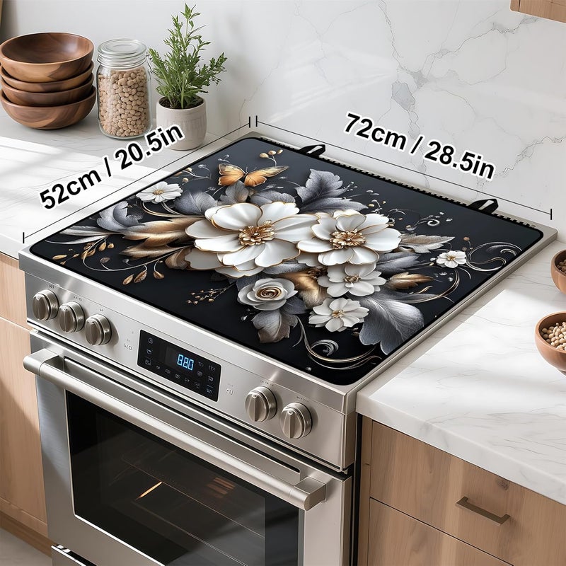 BVBOX White flower Stove Top Cover Retro Flower Gas Stove Top Cover for Home Decoration Kitchen Pad Non-Stick Washable Cooktop Covers Countertop Protector Keep Stove Clean 28"x20" - Image 4